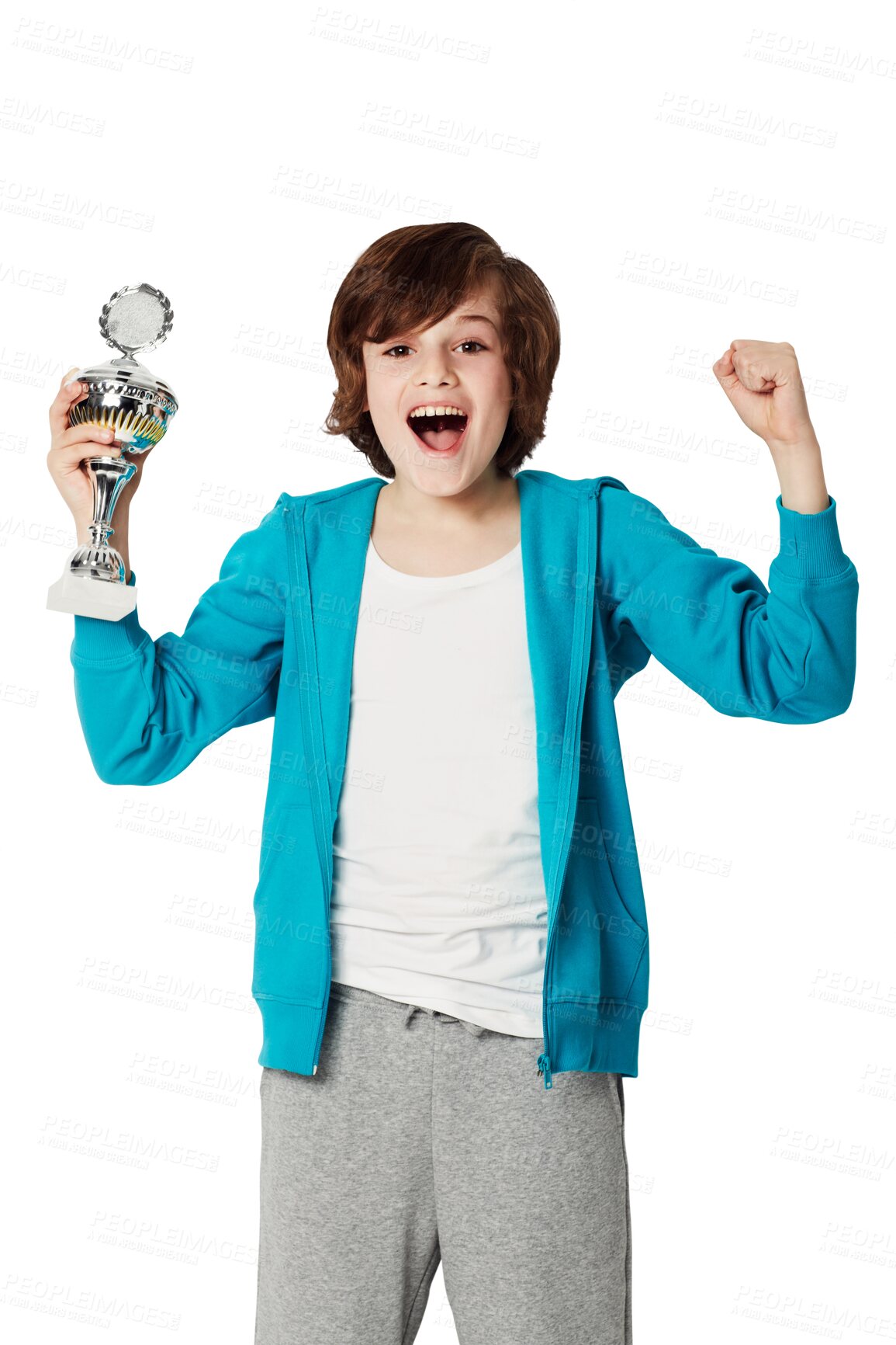 Buy stock photo Boy child, portrait and sport trophy with smile by png background for fashion, celebration and win. Male kid, isolated model and sports achievement with excited face, winning and celebration for goal