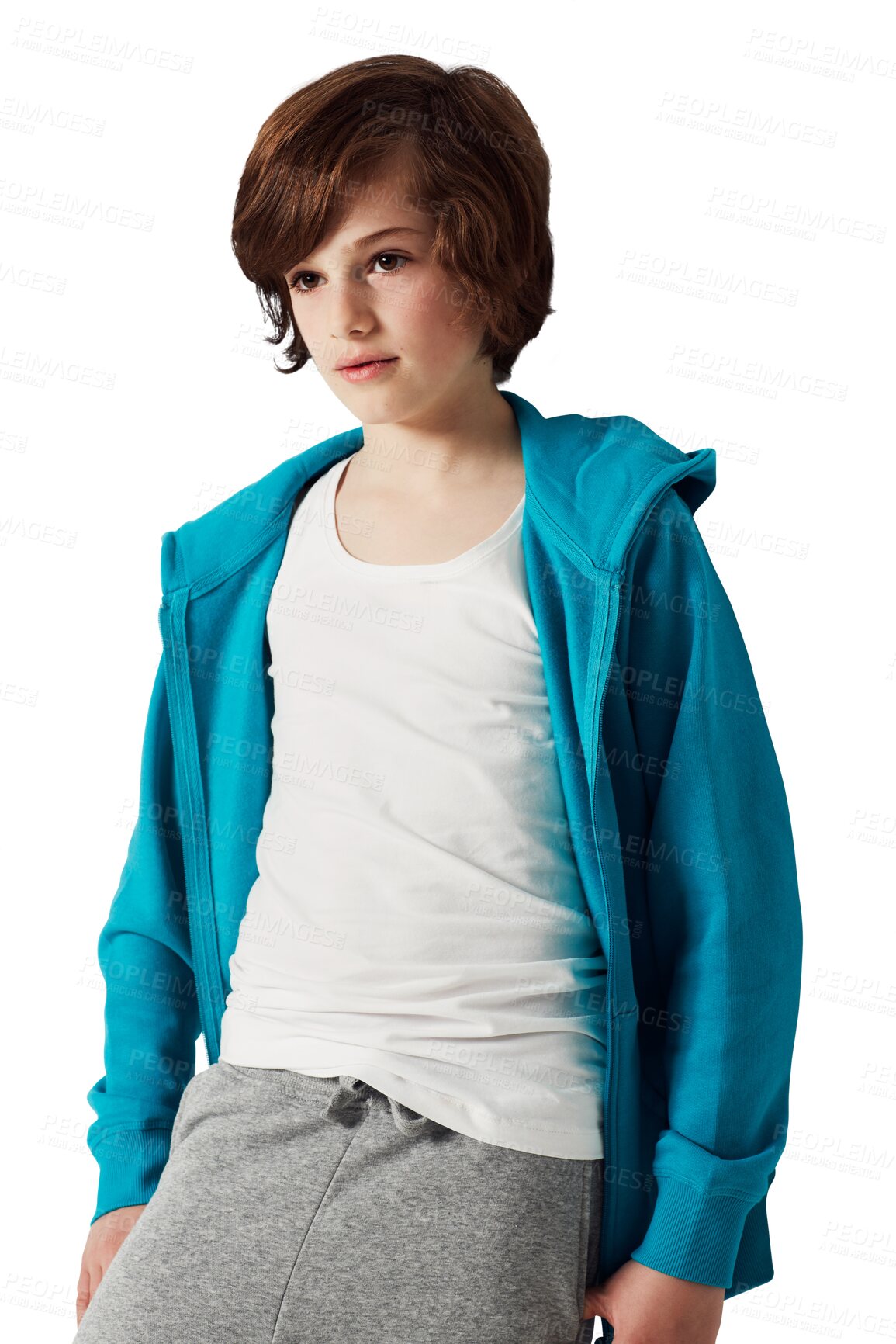 Buy stock photo Fashion, style and confident young boy with trendy clothes on isolated, png and transparent background. Youth, teenager and face of child model in studio with stylish, casual and modern outfit