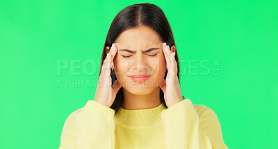 Buy stock photo Woman, frustrated and headache on green screen for stress, pain and mental health on studio background. Young model with anxiety, brain fog and tired of migraine, depression and challenge of vertigo 
