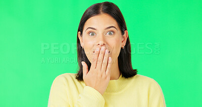 Buy stock photo Wow, surprise and portrait of a woman on green screen with shock and excited from news. Happy, gossip and female person with hand to mouth from crazy drama, sale announcement and promo in studio