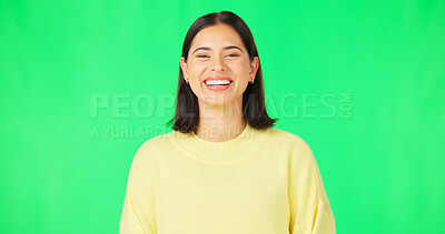 Buy stock photo Smile, woman and portrait with fashion and green screen and happy and relax in a studio. Female person, excited and model from Italy with modern and trendy with clothing and confidence with style