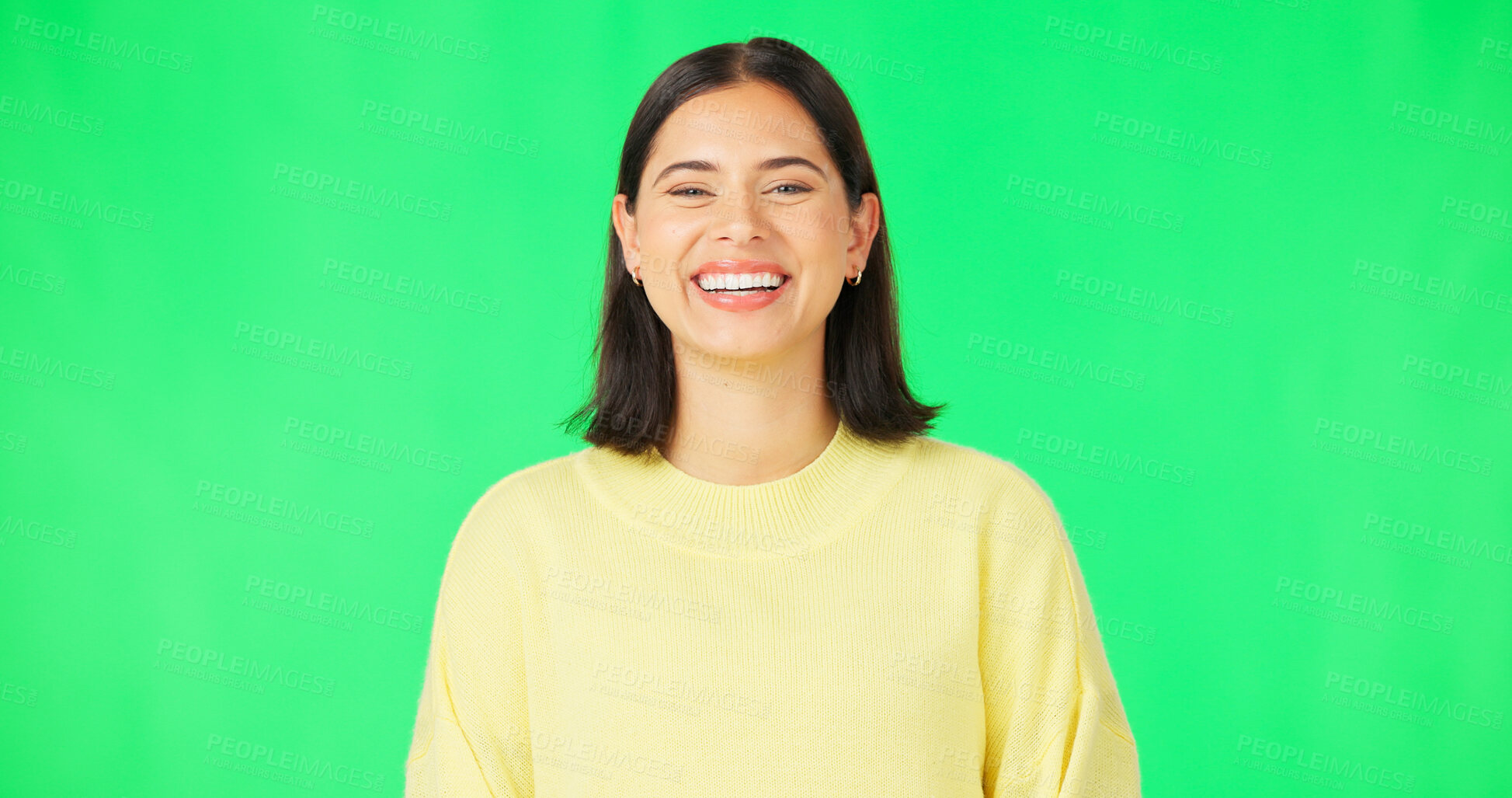 Buy stock photo Smile, woman and portrait with fashion and green screen and happy and relax in a studio. Female person, excited and model from Italy with modern and trendy with clothing and confidence with style