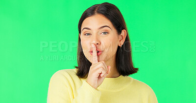 Buy stock photo Secret lips, portrait and woman on green screen for sign, privacy and drama on studio background. Happy young model show quiet for gossip, whisper and emoji of mystery sale, confidential news or deal