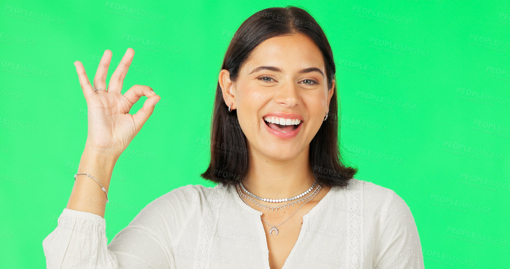 Buy stock photo Okay hand sign, portrait and happy woman on green screen for opinion, vote or feedback. Face of model with smile, ok gesture and review icon with good news, thank you and agreement emoji in support.
