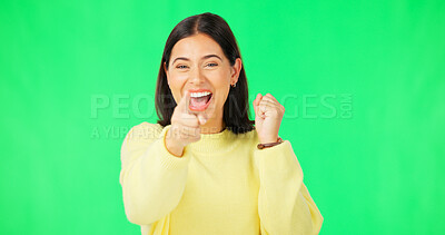 Buy stock photo Portrait, pointing to you and woman with celebration, green screen and achievement on a studio background. Face, person and model with hand gesture, excited and motivation with winner and promotion