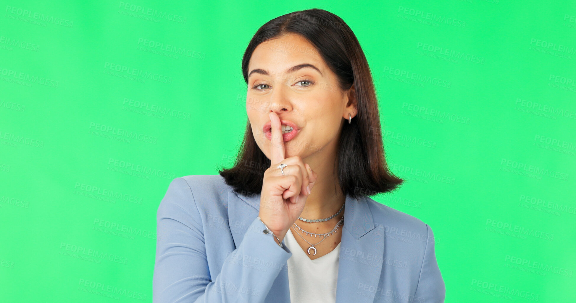 Buy stock photo Portrait, business woman and secret lips on green screen for privacy on studio background. Quiet, shush sign and confidential news of worker for gossip, whisper and silent emoji for corporate mystery