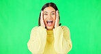 Green screen, surprise and wow face of woman for news, announcement and deal information in studio. Excited, happy and portrait of isolated girl smile with shocked, emoji and omg facial expression