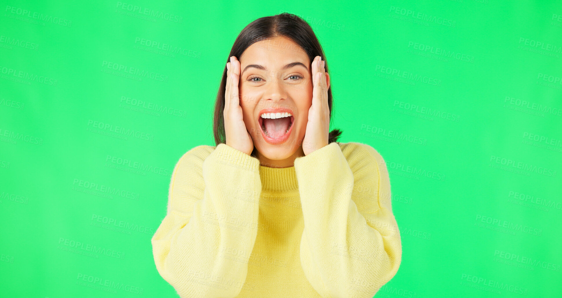 Buy stock photo Excited, surprise or portrait of a woman on green screen for news, announcement or winning a prize in studio. Happy girl, smile or face of a female person with shocked, emoji or omg facial expression