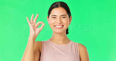 Buy stock photo Portrait, smile and woman with ok sign, green screen and wellness with icon on a studio background. Face, person and model with exercise, perfect symbol and athlete with agreement, progress and emoji