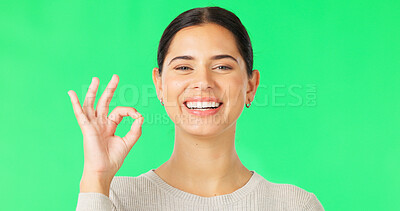 Buy stock photo Okay hand sign, portrait and woman on green screen for opinion, vote or happy feedback. Face of model with smile, ok gesture and review icon with good news, thank you and agreement emoji in support.