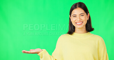 Buy stock photo Portrait, woman and palm on green screen for presentation of information, deal and promotion on studio background. Happy model show mockup for advertising, feedback and announcement of news about us