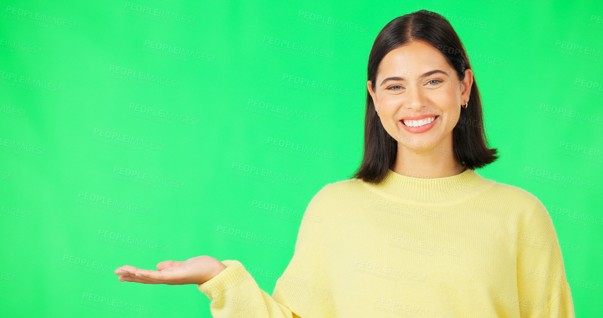 Buy stock photo Portrait, woman and palm on green screen for presentation of information, deal and promotion on studio background. Happy model show mockup for advertising, feedback and announcement of news about us