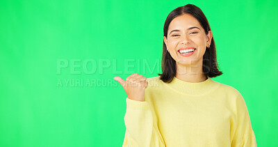 Buy stock photo Portrait, woman and advertising on green screen for presentation of information, deal and offer on studio background. Happy model show mockup for launch, feedback and announcement of news about us