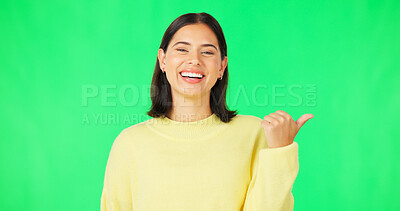 Buy stock photo Portrait, happy woman and pointing on green screen for presentation of information, sales deal and offer on studio background. Model advertising mockup of choice, review and announcement of feedback 