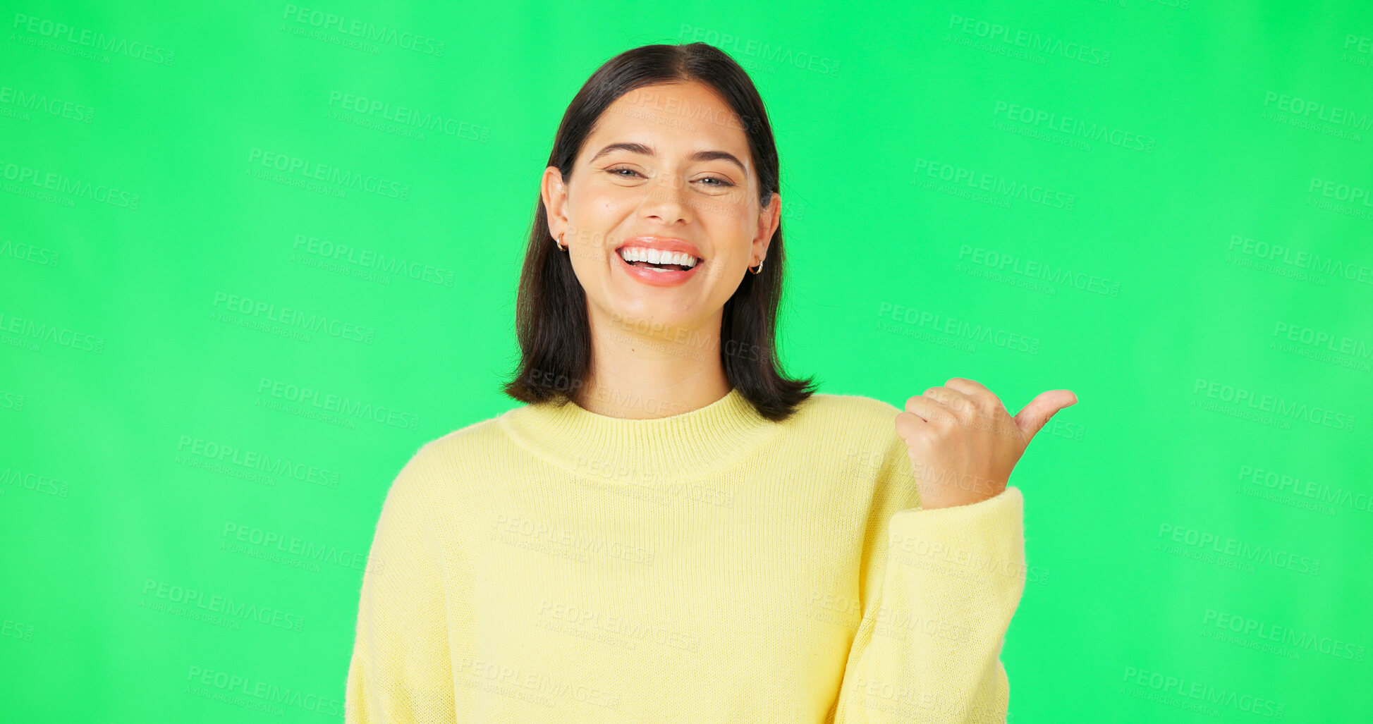 Buy stock photo Portrait, happy woman and pointing on green screen for presentation of information, sales deal and offer on studio background. Model advertising mockup of choice, review and announcement of feedback 