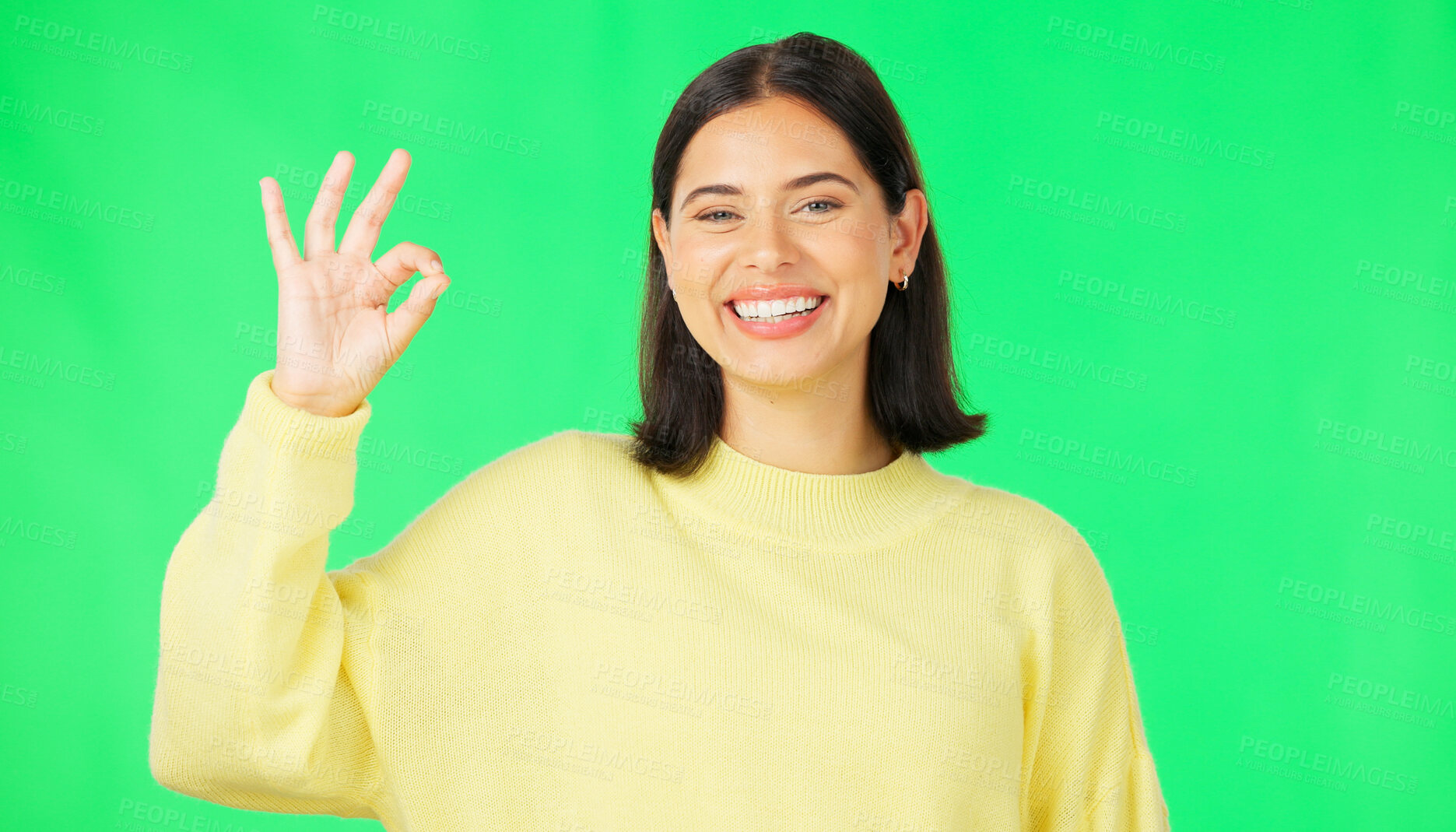 Buy stock photo Okay hand sign, portrait and girl on green screen for opinion, vote or happy feedback. Face of woman with smile, ok gesture and review icon with good news, thank you and agreement emoji in support.