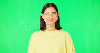 Buy stock photo Happy, wink and portrait of woman by green screen with flirting, cute and confident personality. Smile, emoji and face of positive young female model from Australia isolated by chroma key background.