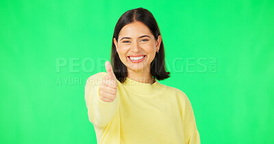 Buy stock photo Portrait, thumbs up and woman with agreement, green screen and feedback on a studio background. Face, person and model with hand gesture, support and promotion, review and icon with emoji and like