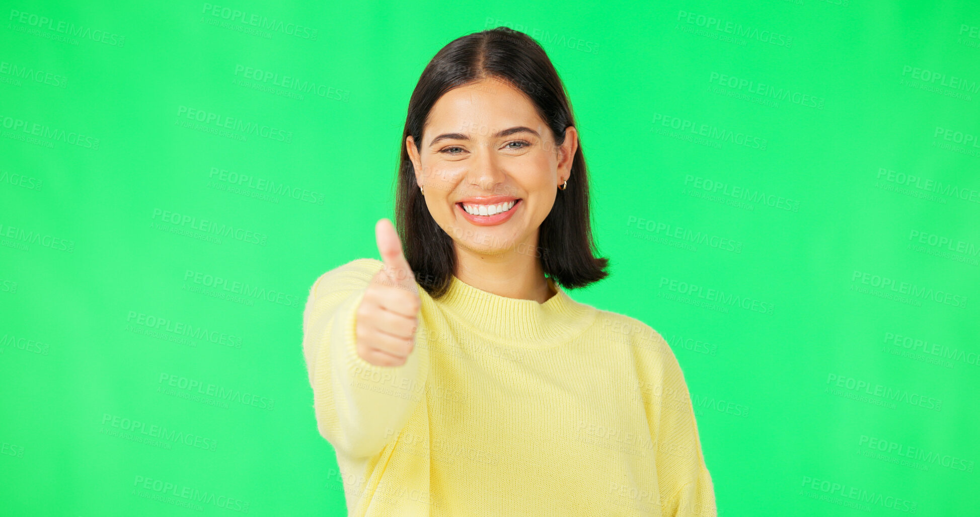 Buy stock photo Portrait, thumbs up and woman with agreement, green screen and feedback on a studio background. Face, person and model with hand gesture, support and promotion, review and icon with emoji and like