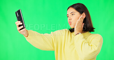 Buy stock photo Green screen, kiss or woman taking selfie on social media with confidence isolated on studio background. Gen z girl, content creator or cool influencer taking a photograph, vlog or picture with pout