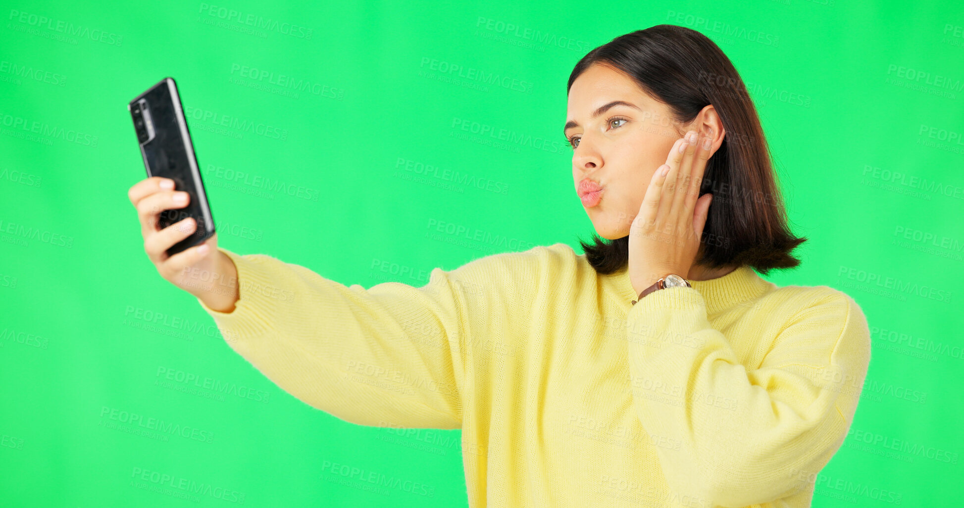 Buy stock photo Green screen, kiss or woman taking selfie on social media with confidence isolated on studio background. Gen z girl, content creator or cool influencer taking a photograph, vlog or picture with pout