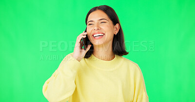 Buy stock photo Happy, woman and smile with phone call in green screen studio with mock up for communication. Female model, person and technology for mobile, conversation or chatting with cellphone in excitement