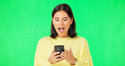 Buy stock photo Phone winner, surprise or happy woman on green screen for notification of good news in studio background. Online gambling, wow or excited face of person with success or lottery prize on mobile app 