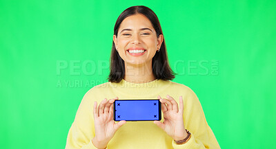 Buy stock photo Green screen portrait, phone and happy woman advertising mobile news, online promotion or brand network connection. Smartphone, mockup space and person show media, website or app on studio background