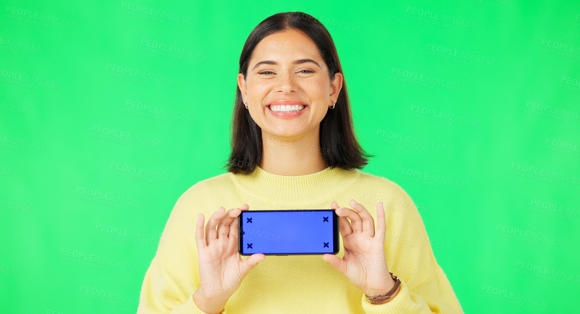 Buy stock photo Green screen portrait, phone and happy woman advertising mobile news, online promotion or brand network connection. Smartphone, mockup space and person show media, website or app on studio background