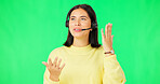 Woman, call center and consulting with headphones on green screen in customer service against a studio background. Happy female consultant or agent talking with headset for telemarketing on mockup