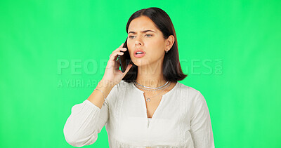 Buy stock photo Phone call, frustrated or woman on studio green screen or background for talking or chat. Anxiety, crisis or angry person listening to conversation or speaking of problem or feedback for networking