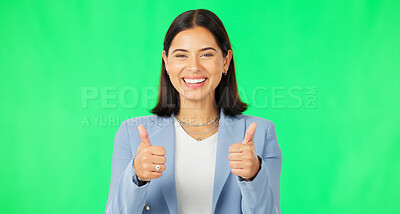 Buy stock photo Thumbs up, portrait and happy woman on green screen for business achievement, winning deal and success on studio background. Worker show like emoji for agreement, support and thank you for excellence