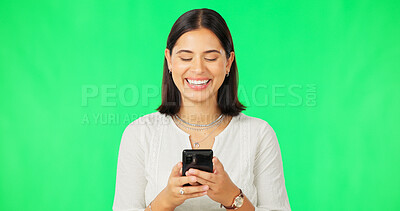 Buy stock photo Green screen, phone or happy woman in studio on social media to chat on internet post or website notification. News, meme or excited entrepreneur texting, networking or typing online on mobile app 