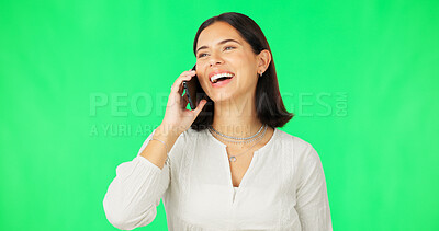 Buy stock photo Phone call, talking or happy woman on studio green screen or background for communication or chat. Laugh, funny or girl listening in conversation or speaking of good news or feedback for networking 