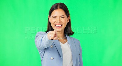 Buy stock photo Woman, portrait and pointing to you on green screen for recruitment, choice and we are hiring with opportunity. Business, mock up and face of human resources, onboarding and motivation for job search