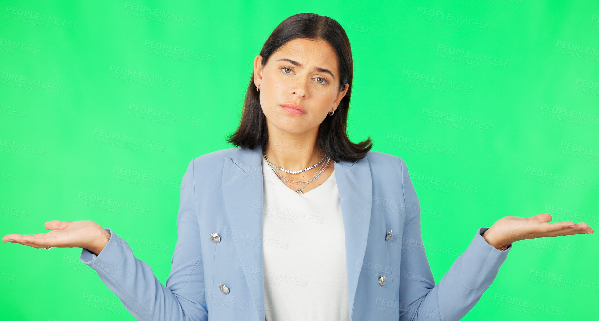 Buy stock photo Confused woman, portrait or open hands on green screen for decision or choice against studio background. Doubt, face or business person showing option, marketing offer or sale on mockup space or palm