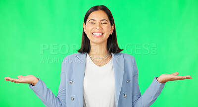 Buy stock photo Green screen, professional portrait or happy woman palm gesture, choice or advertising business offer, deal or scale balance. Corporate agent, decision or mockup space comparison on studio background