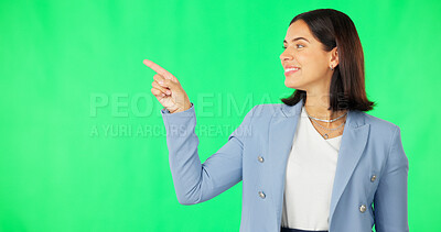 Buy stock photo Business woman, marketing and pointing with green screen, presentation or review by a studio background. Happy employee, direction and gesture to mock up space for news, branding or promo by backdrop