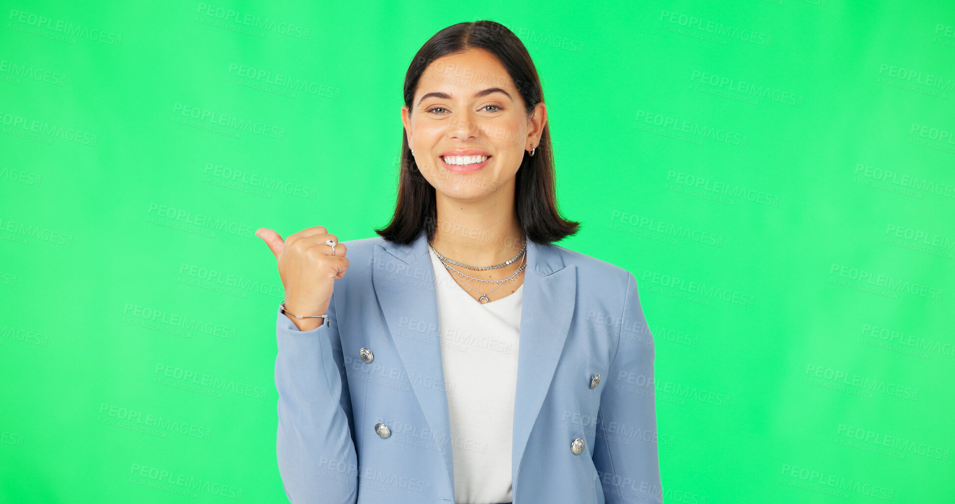 Buy stock photo Happy woman, portrait or pointing to green screen for presentation space, promotion announcement. Face, show or excited business person on a studio background for mockup sale, deal or choice list 