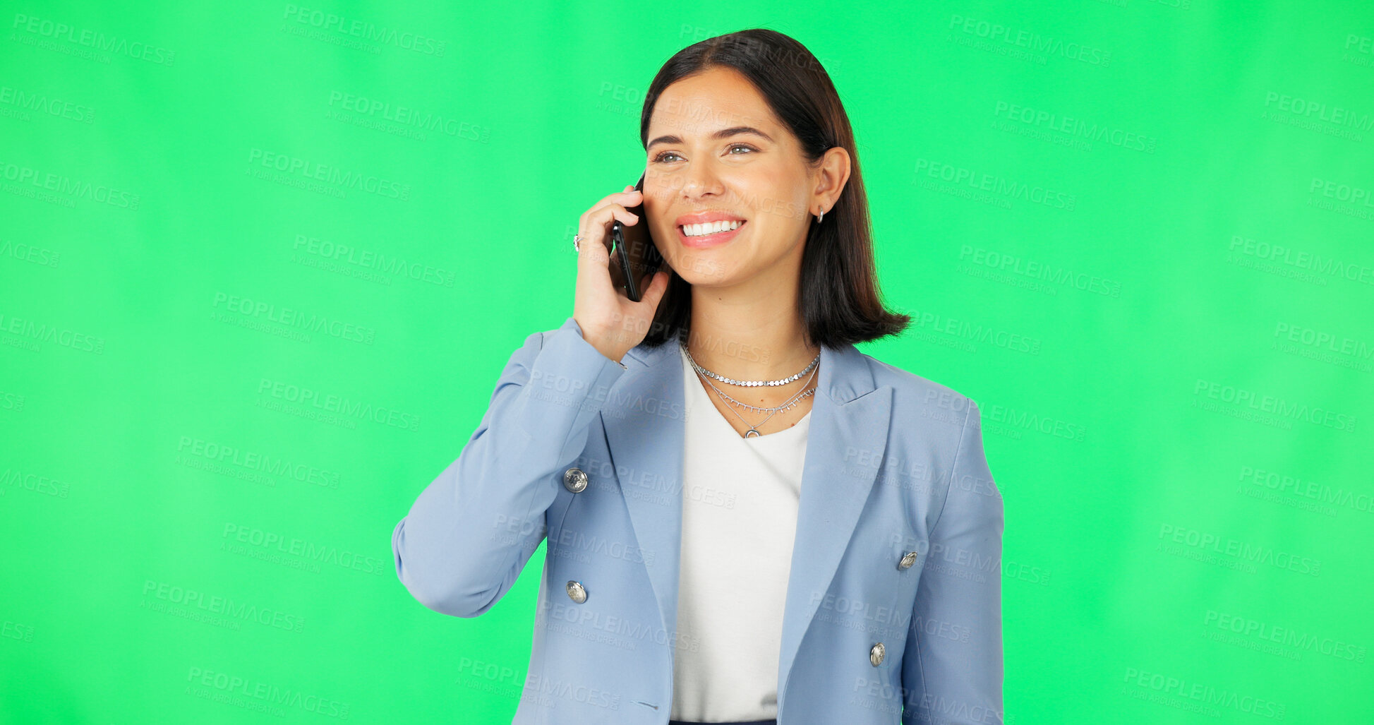 Buy stock photo Woman, business and happy for phone call, green screen and background of communication. Female worker, studio and thinking about a mobile conversation, hello and contact networking and a chat