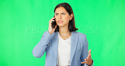 Buy stock photo Frustrated, business woman and green screen with a phone call and angry conversation with conflict in studio. Anxiety, crisis and a corporate worker with a mobile for crm conversation on problem