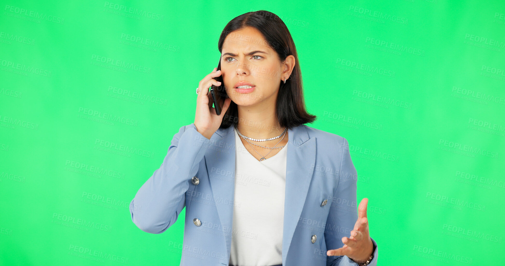 Buy stock photo Frustrated, business woman and green screen with a phone call and angry conversation with conflict in studio. Anxiety, crisis and a corporate worker with a mobile for crm conversation on problem