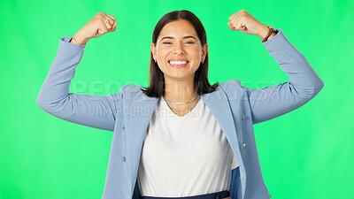 Buy stock photo Business woman, portrait muscles and green screen with smile on for success, celebration and motivation. Employee, bicep arms and strong for corporate goals by studio background for empowerment