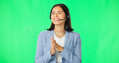 Buy stock photo Business woman, call center and consulting on green screen in customer service isolated on studio background. Smile, telemarketing and sales agent talking, crm support and contact us on mockup space