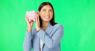 Buy stock photo Thinking, green screen and woman with piggy bank, economy and investment on a studio background. Income, person or model with happiness, financial opportunity or wealth with budget, savings or profit
