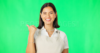 Buy stock photo Green screen portrait, happy woman and pointing at restaurant announcement, coffee shop notification or branding. Diner waitress, info and barista presentation, choice or deal on studio background