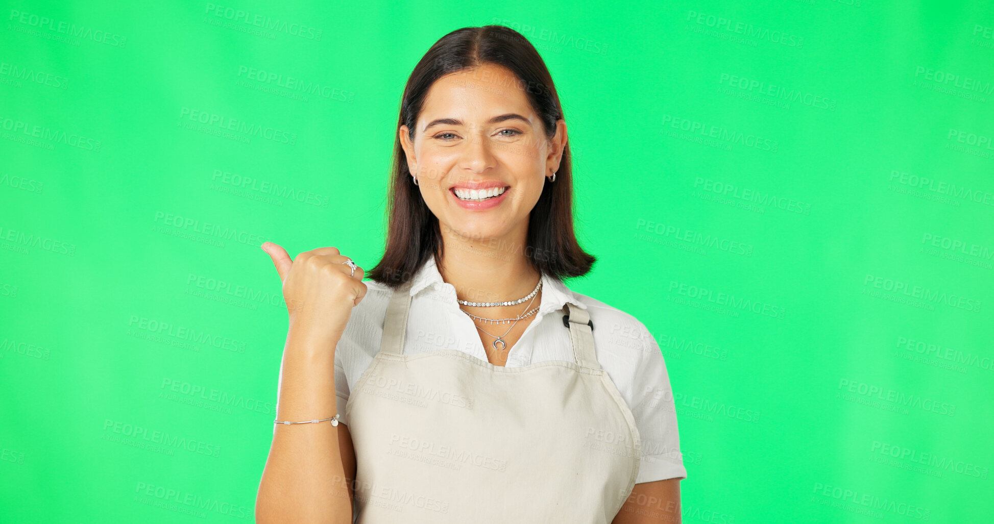 Buy stock photo Green screen portrait, happy woman and pointing at restaurant announcement, coffee shop notification or branding. Diner waitress, info and barista presentation, choice or deal on studio background