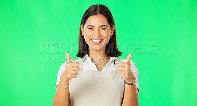 Buy stock photo Green screen portrait, happy woman and barista thumbs up for cafeteria yes sign, agreement or feedback opinion vote. Diner portrait, emoji like icon and waitress support gesture on studio background