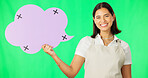 Speech bubble, happy woman and face with marketing on green screen, mockup space and social media branding. Logo promo, tracking markers and female smile in portrait, advertising on studio background