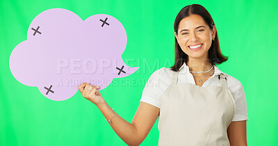 Buy stock photo Woman, speech bubble and happy with smile in studio on green screen for mock up for promotion, cafe or space. Portrait, worker or barista for coffee shop with advertisement, social media or idea